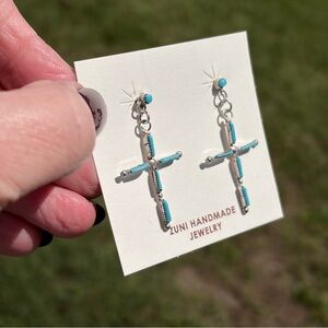 Zuni Sterling Silver Turquoise Pin Point Cross Earrings